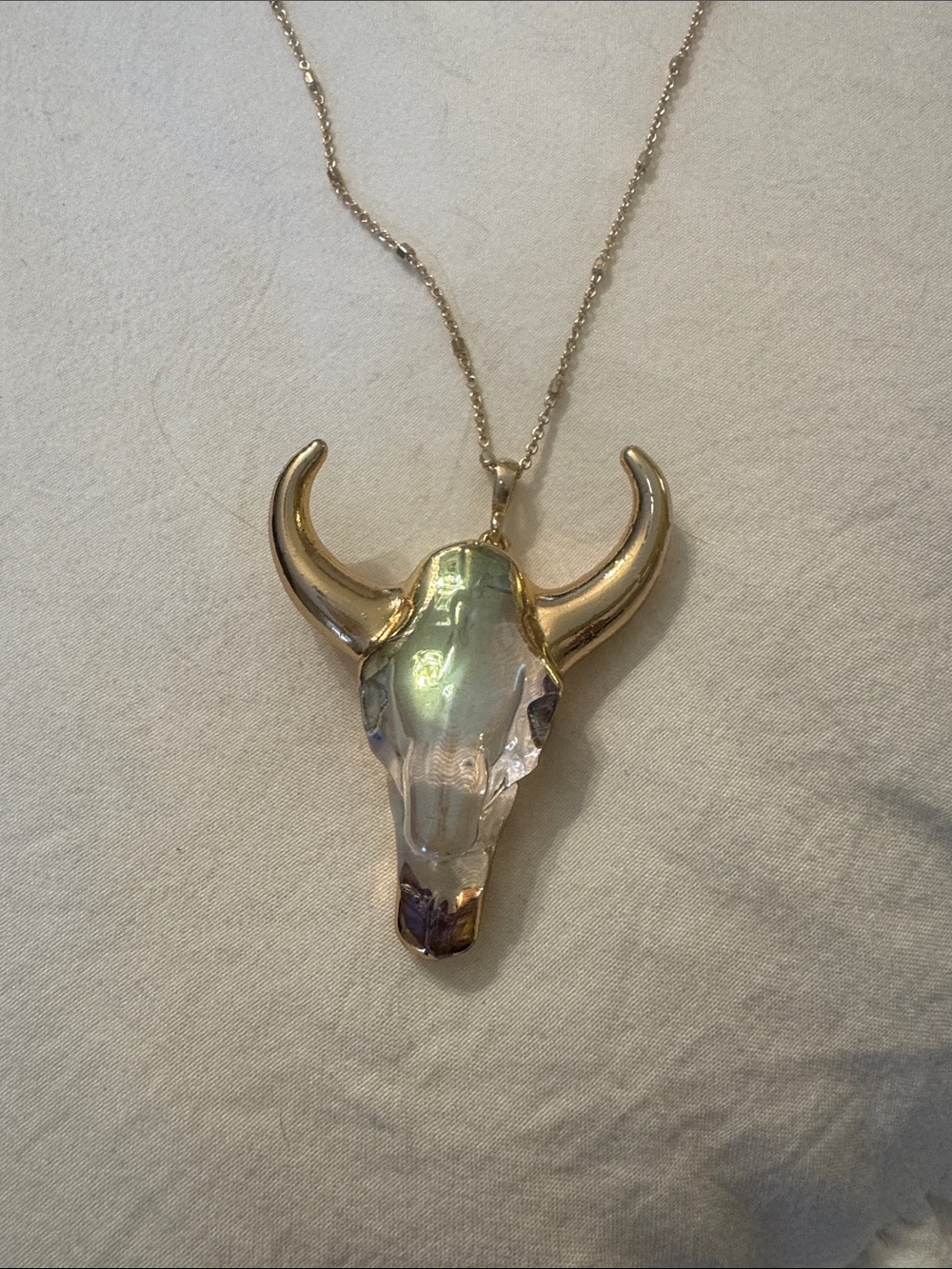 Gold-Tone Bull Skull Crystal Pendant Necklace